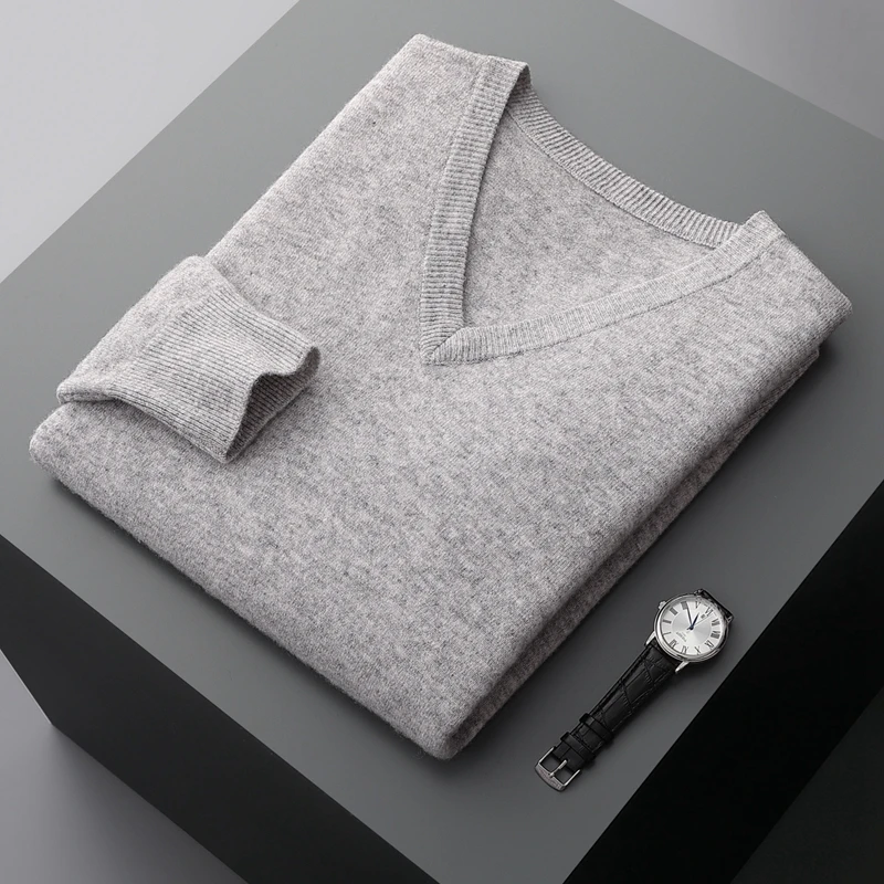 Autumn And Winter New Men's V-Neck Cashmere Loose Thickened Solid Color Wool Knitted Bottoming Shirt Business Casual Sweater 3