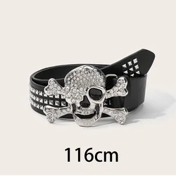 Silver Skull Buckle Women's Black Belt - Punk Retro Goth Waistband with Rivet Details (116cm Lenght)