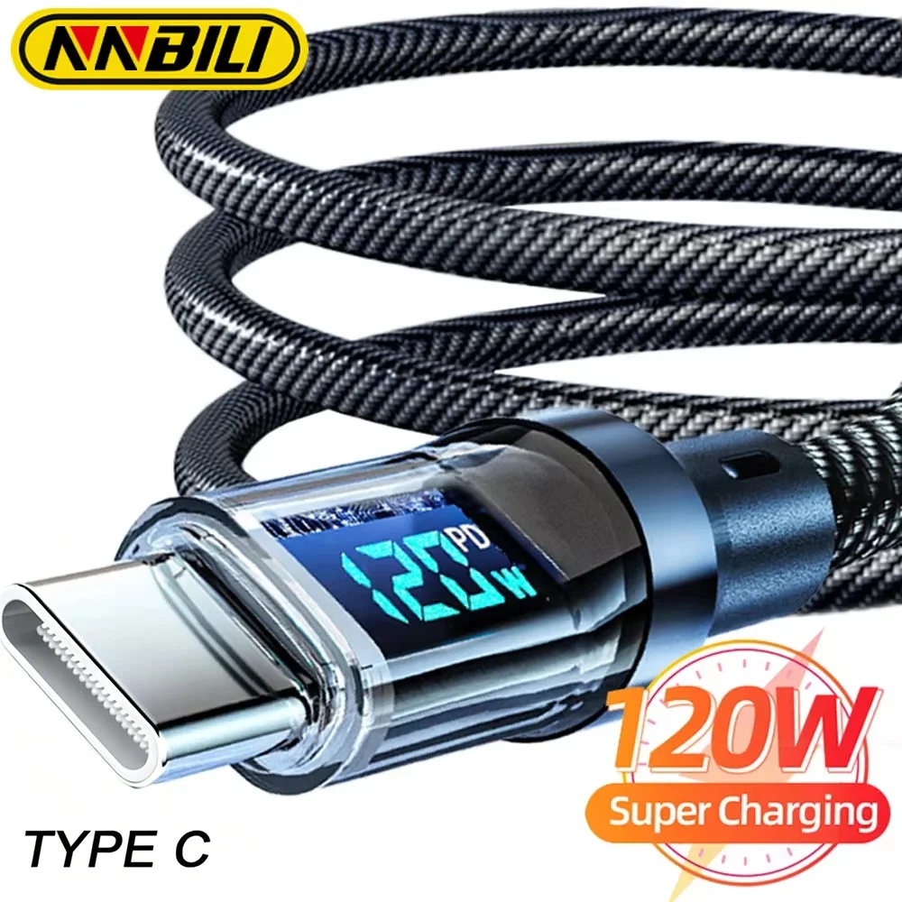 NNBILI 120W Super Fast Charging Cable Real-time Digital Display USB A to Type C data Cable For iPhone Android Phones Universal