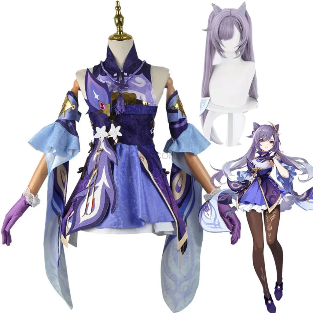 

Game Genshin Impact Keqing Cosplay Costumes Halloween Women Dress Stocking Masquerade Party Ke Qing Ponytails Purple Wig