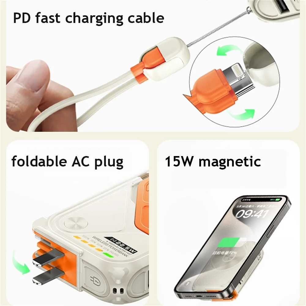 Wireless Magnetic Power Bank With Plug Cable USB C Fast Charger Portable 10000mAh External Spare Battery For iPhone 15 Samsung 2