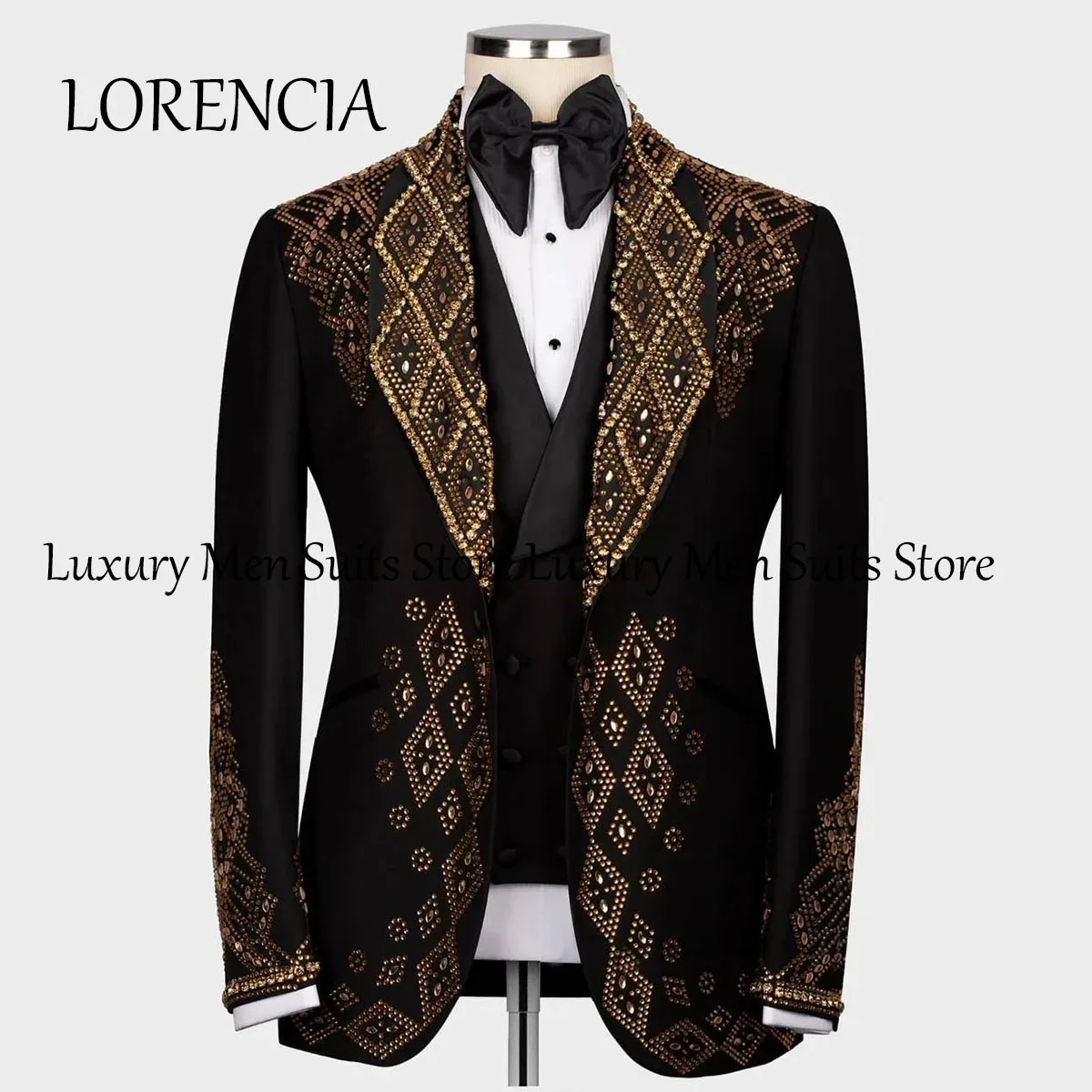 Formal Men Shawl Lapel Gold Rhinestone Embellished Suits Groom Wedding Tuxedos 3 Pieces Male Prom Blazers Costume Homme