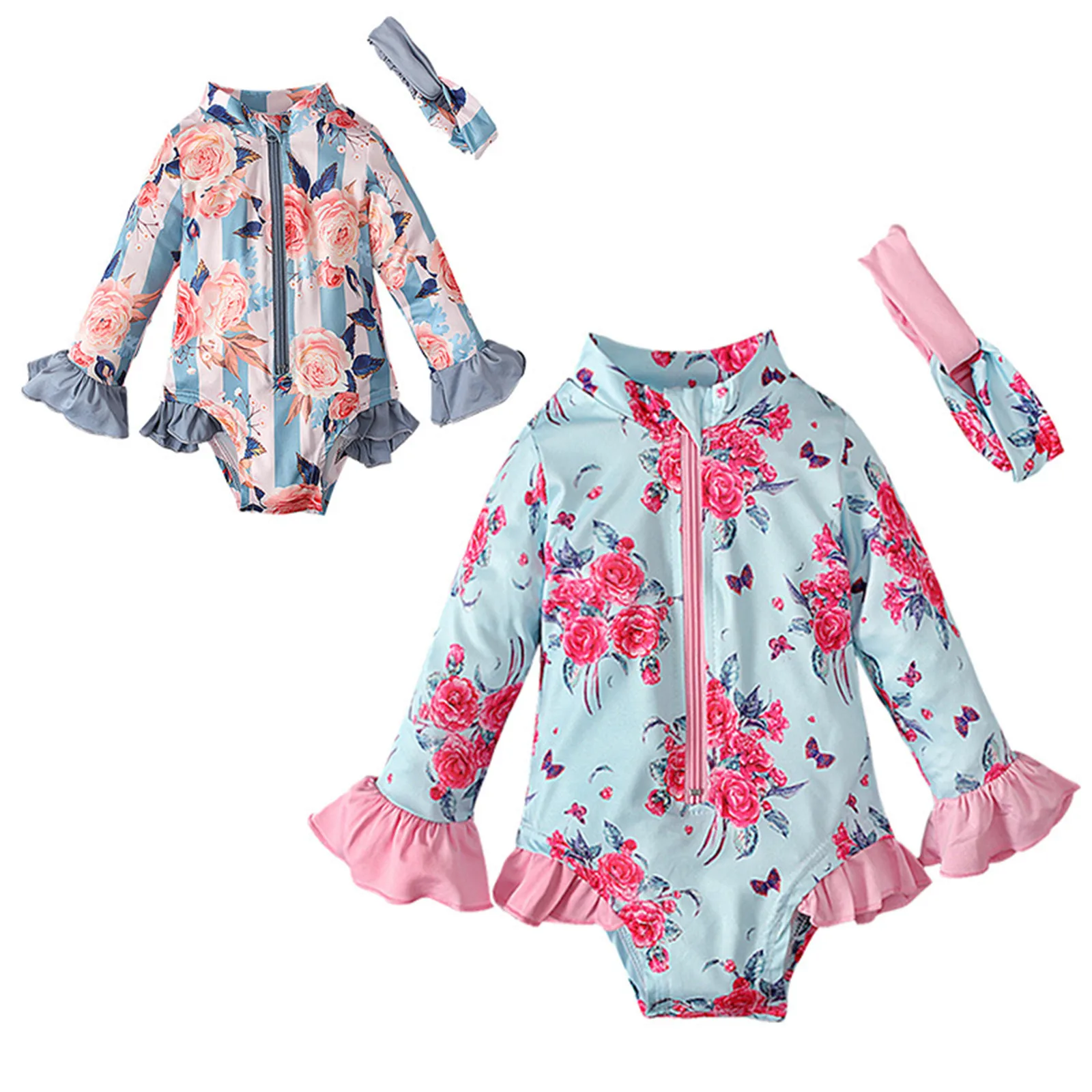 

6M-4Y Toddler Girls One Piece Swimsuit Infant Floral Zipper Long Sleeve Bathing Suit Swimwear Hairband 2pcs For Baby Girls New