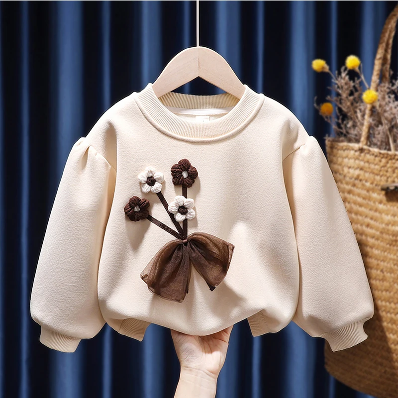 

Korean Spring Autumn Cotton Solid Colored Flowers Fashion Pullover Long Sleeve Outdoor cClothes For Children Girls From 2 To 8