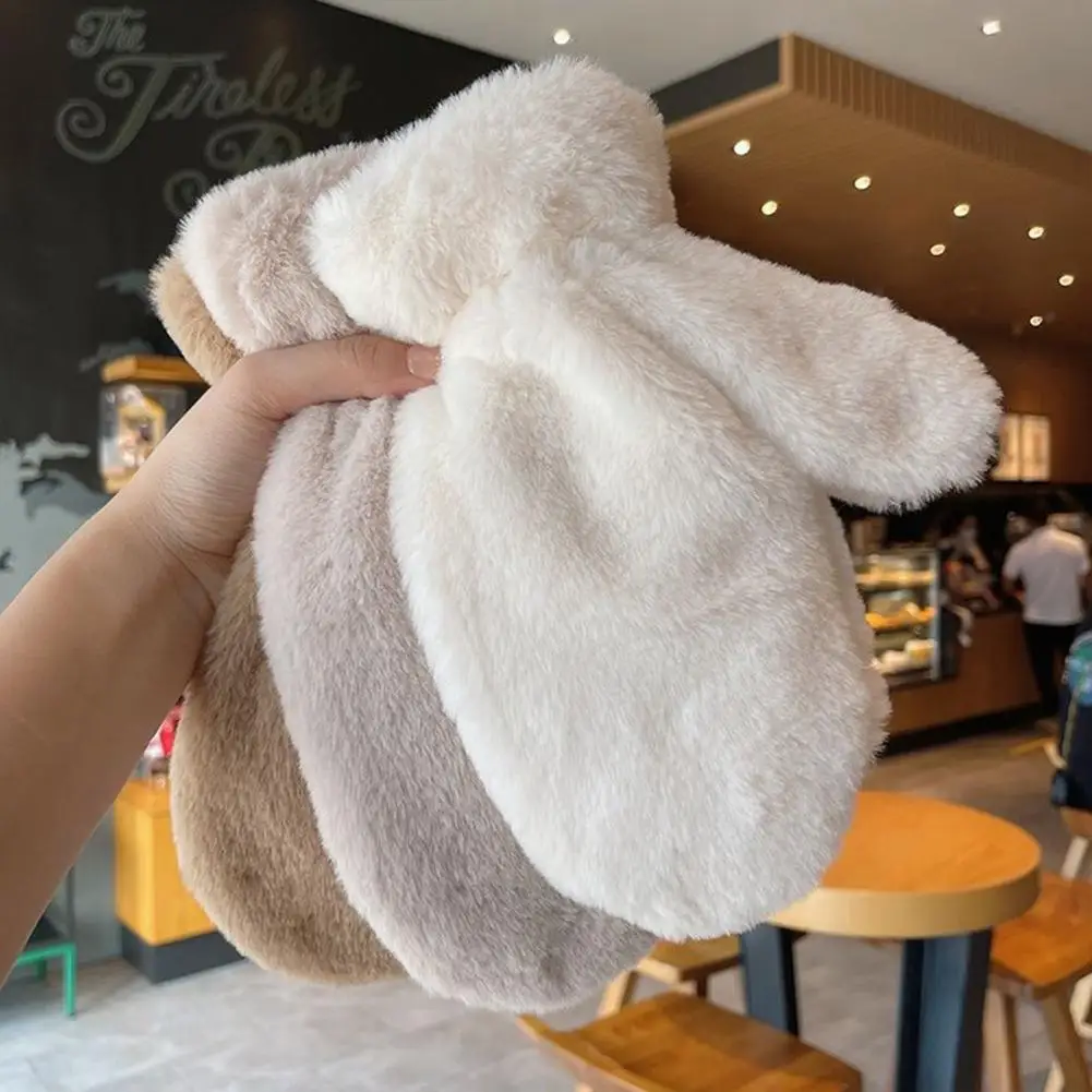 1 Pair Ladies Winter Mittens Thickened Soft Plush Solid Color Cozy Anti-slip Elastic Windproof Heat Retention Warm Lady Outdoor