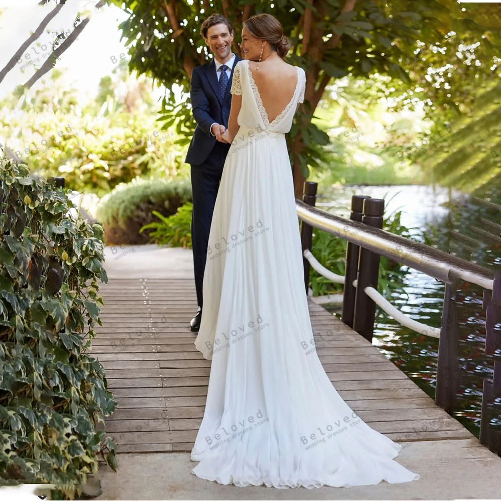 Glamorous Wedding Dresses A-Line Graceful Bridal Gowns Chiffon Floor Length Robes Short Sleeves Vestidos De Novia Customized 2