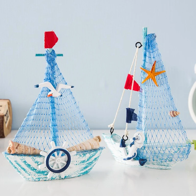 

15CM Marine Nautical Creative Sailboat Mediterranean Style Wooden Blue SailBoat Room Garden Decor Figurines Small Boat Ornament