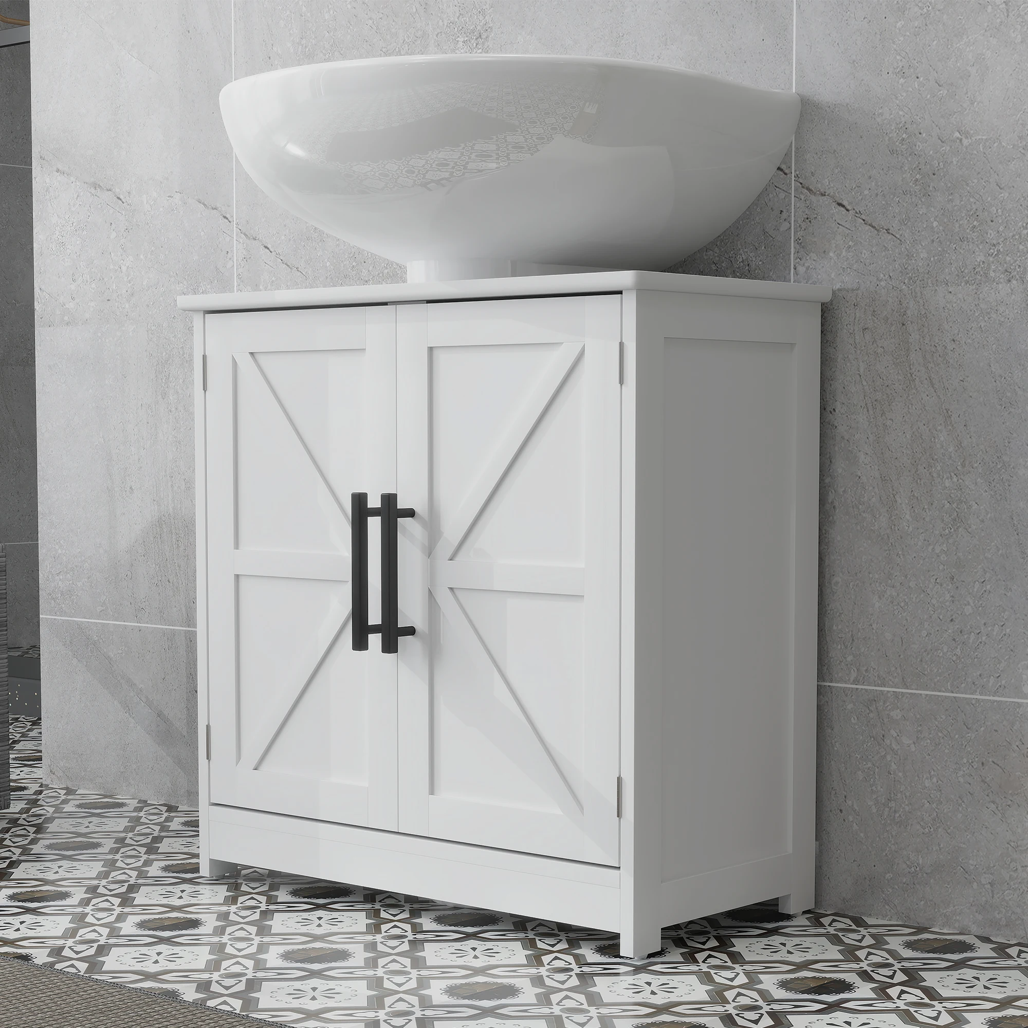 Homcom Pedestal Sink Storage Cabinet, Farmhouse Freestanding Bathroom Sink Cabinet with 2 Barn Doors and Adjustable Shelf, White 5