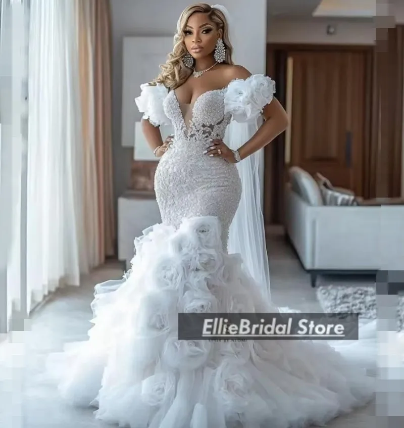 Gorgeous Wedding Dresses Luxury 2025 Flowers African Mermaid Bridal Gowns  Off The Shoulder Lace Beading Vestido Novia Customized - AliExpress 320