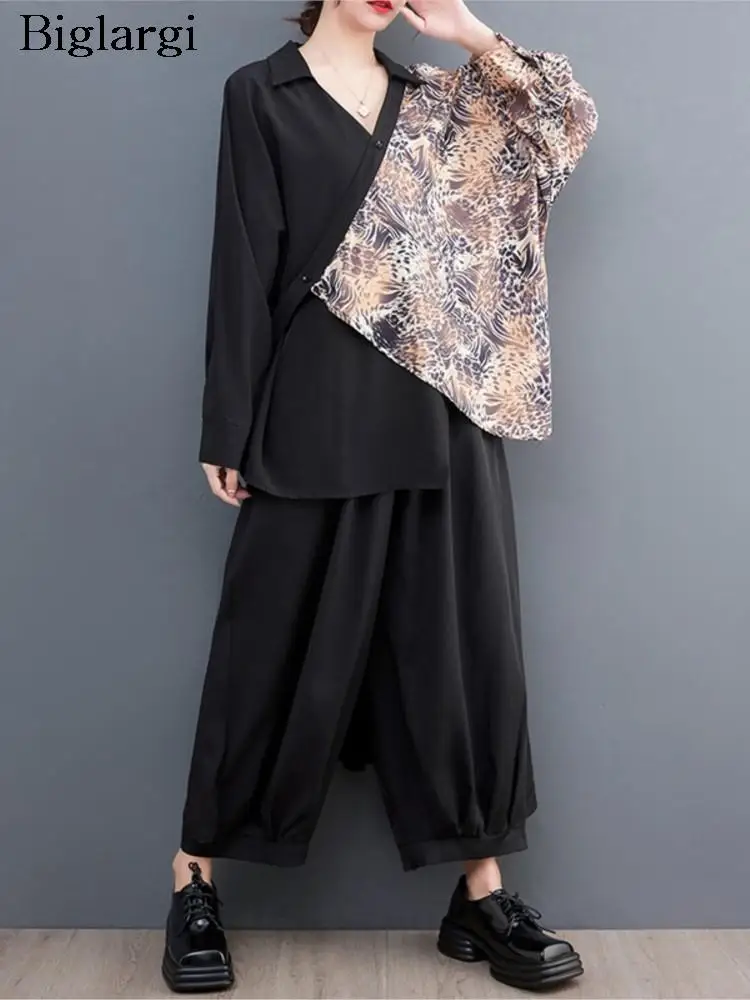 

Oversized Autumn 2 Two Piece Set Women Print Fashion Patchwork V-Neck Ladies Shirts Tosp Wide Leg Loose Pleated Woman Pant 2023