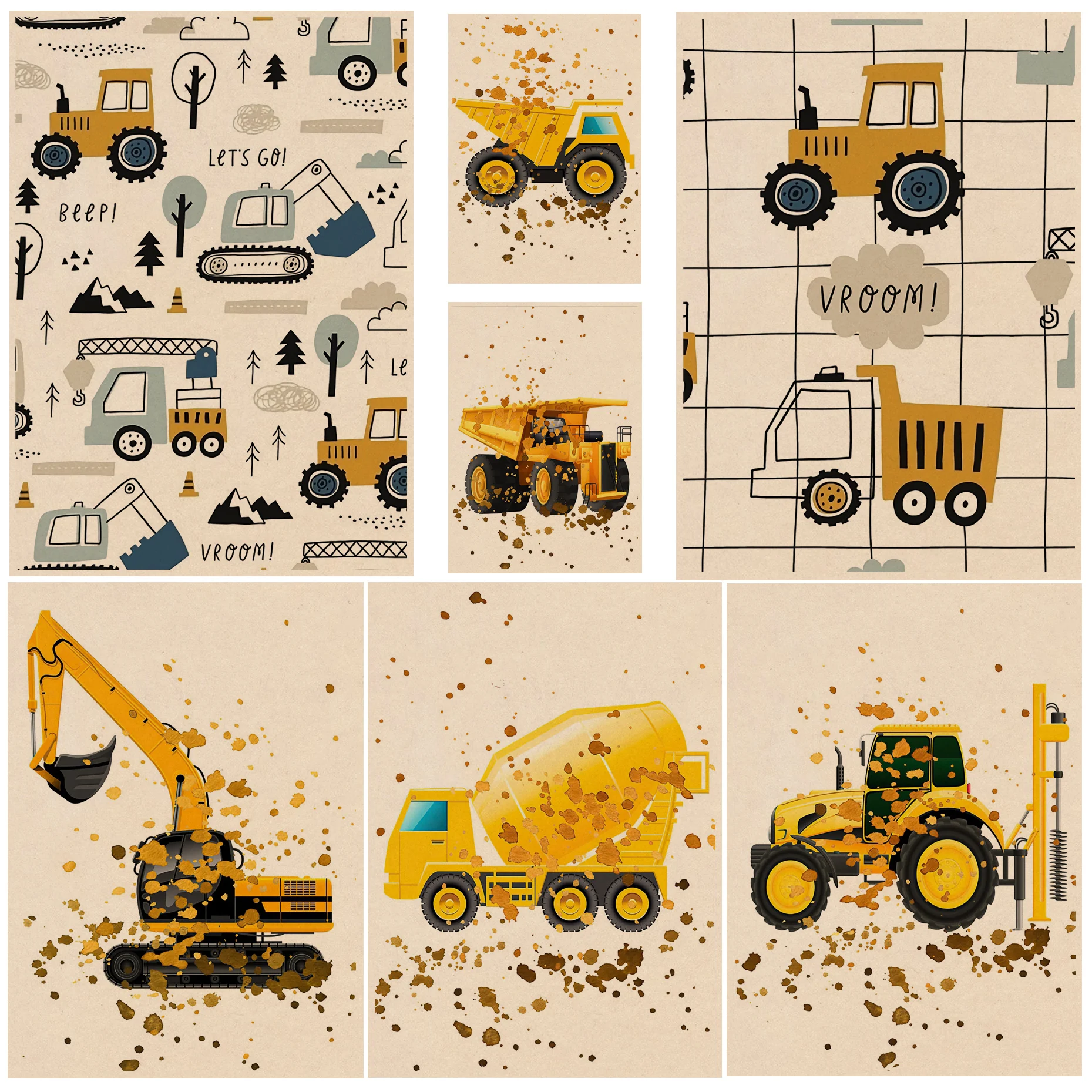 

Crane Excavator Tractor Cartoon Art Poster Kraft Paper Prints And Posters Home Decor