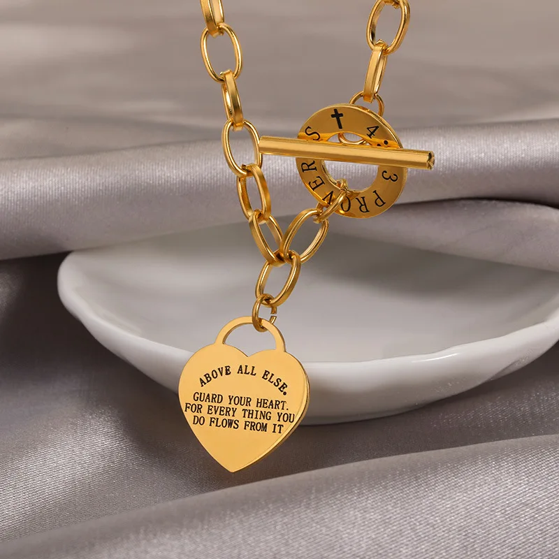 Stainless Steel Engraved Lettering Heart Necklace For Women Gold Plated OT Chain