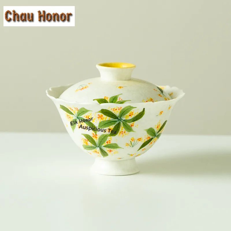 100ml Hand-painted Osmanthus Flowers Gaiwan Retro Tea Tureen Tea Bowl with Lid Kit Tea Maker Cover Bowl Kung Fu Tea Set supplies