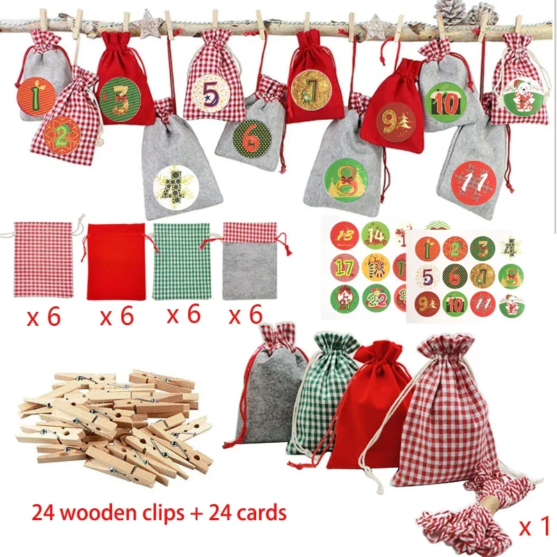 

Christmas Advent Calendar Bags 24 Days Felt Bag Hanging Advent Calendars Garland Candy Gift Bags for Holiday Christmas Decor