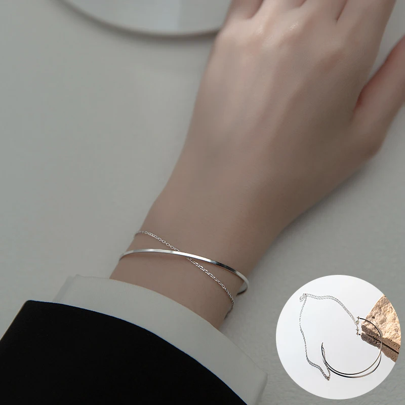 

100% 925 Sterling Silver Geometric Bracelet for Women Girl Simple Fashion Chain Double Layered Design Jewelry Dropship Wholesale
