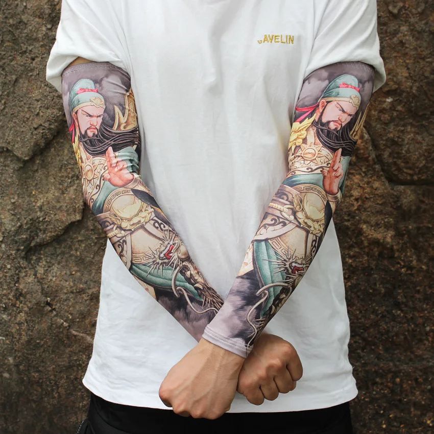 Chinese Tattoo Sleeves Men Armguard Outdoor Cycling Cuff Driving Sunscreen Fishing Arm Cover Ice Silk Summer Arm Sleeves Warmers