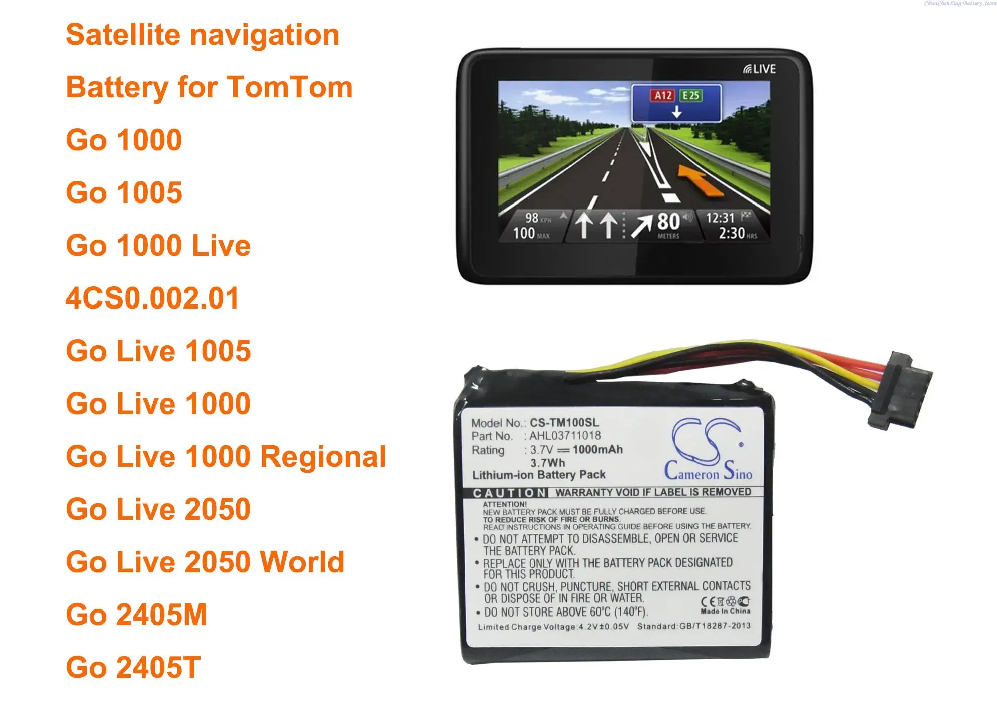 1000mAh Battery AHL03711018, VF1C for TomTom Go 1000, 1000 Live, 1005