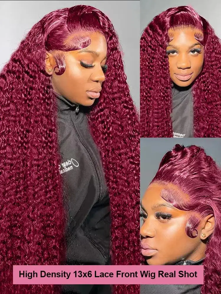 46 Inch 99J Burgundy Deep Wave Lace Frontal Wigs 200% Water Curly 13x4 13x6 HD Transparent Lace Front Wig Human Hair For Women