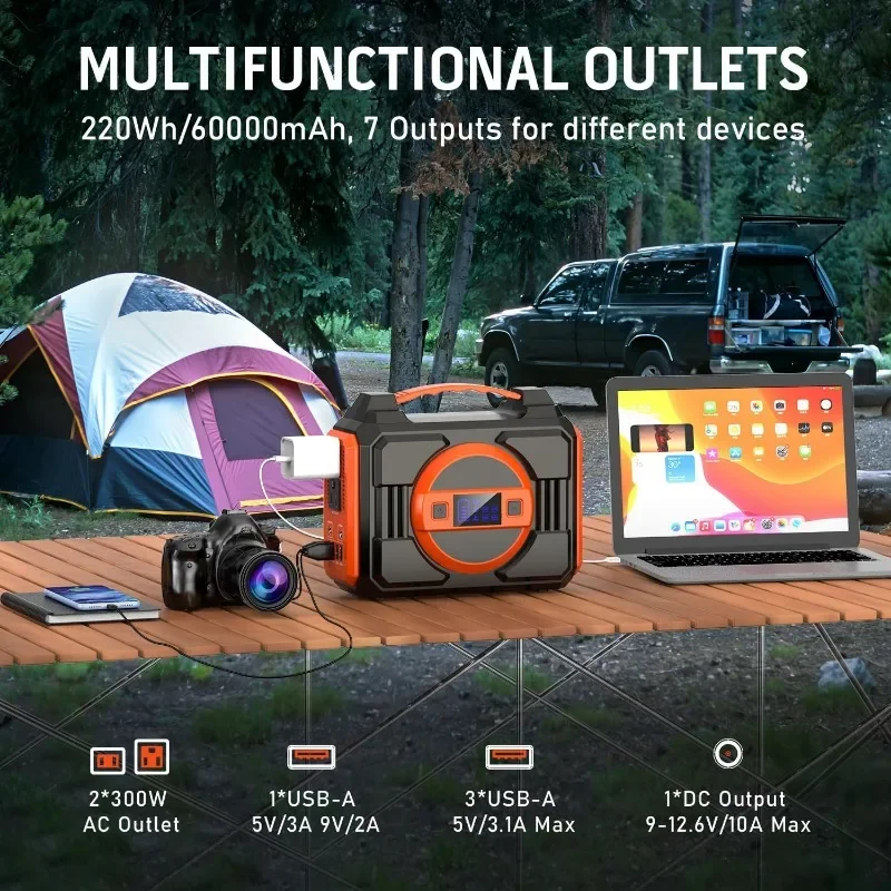 Power Station 220Wh & 60W Portable Solar Panels, 110V/300W Backup Battery Lithium with AC Outlets, DC, USB QC3.0 3