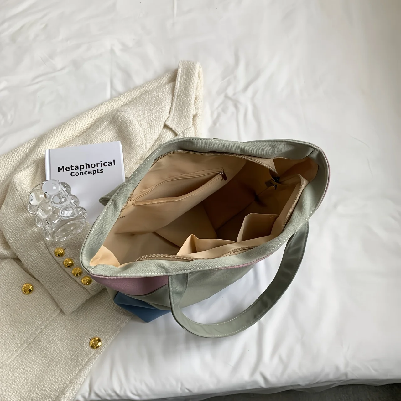 Large Capacity Women's Tote Bags Casual Shoulder Bag Color Matching Travel Zipper Shopping Bag