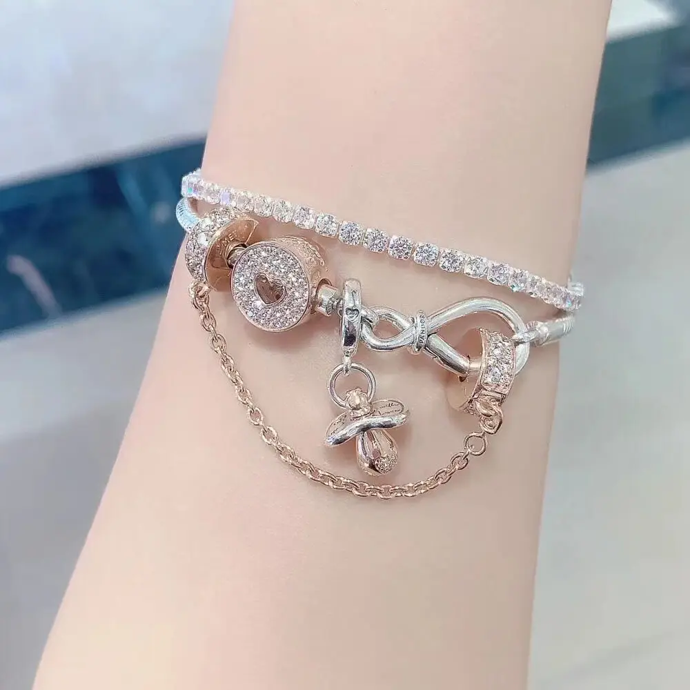 투명 파베 안전 체인 클립 참,  로즈골드, 여성용 쥬얼리 선물, 맞춤 오리지널 3mm 팔찌, DIY 펜던트 제작