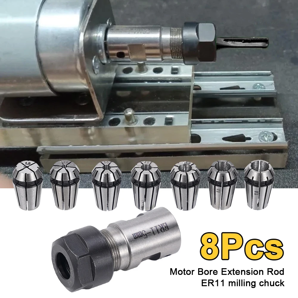 ER11A 5mm Motor Unner Diameter Extension Rod +7x 1mm-7mm ER11 Milling Spring Chuck Shaft Holder for CNC Lathe Engraving 8Pcs/Set