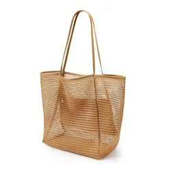 Spacious Women's Beach Tote Bag - Durable Woven Shoulder Bag with Open Top (Light brown)