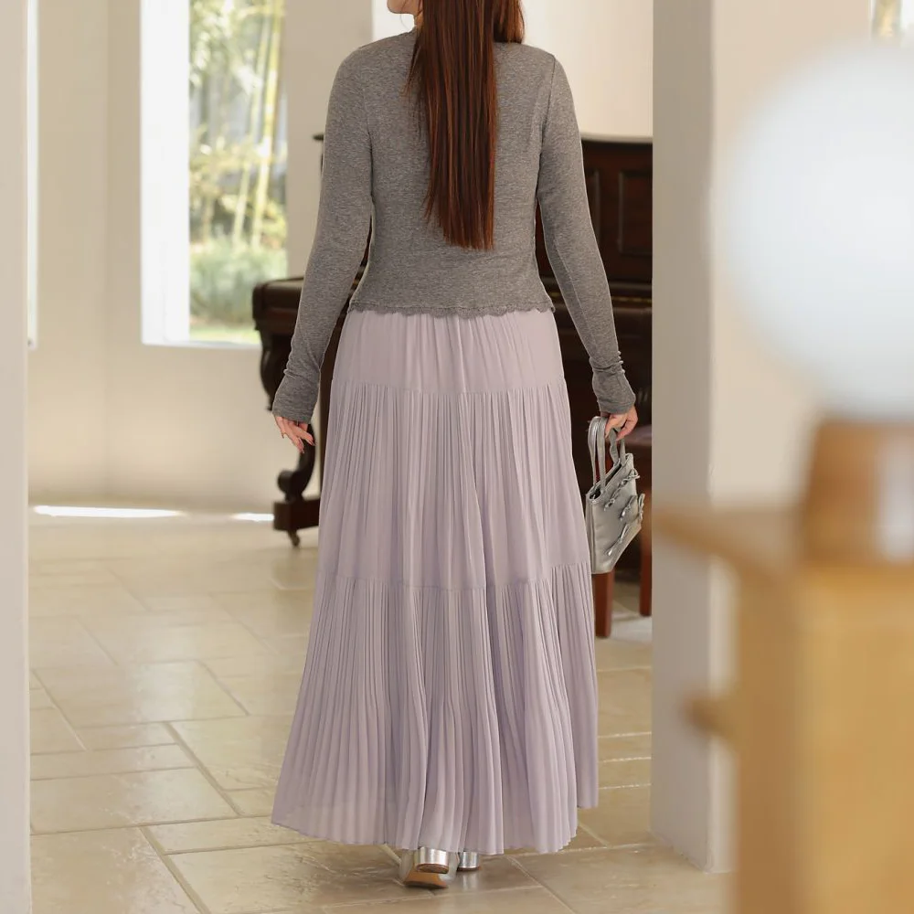 Women's Plus Size High-Waisted Pleated Ball Gown Skirt Premium Loose Fit A-Line Chiffon Long Skirt With Ethereal Purple