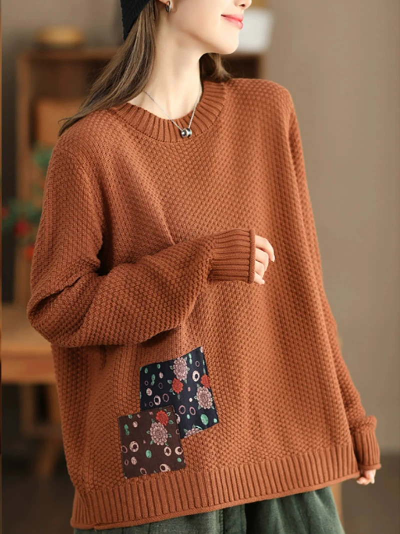 

Vintage Patchwork Women Sweater Autumn Winter O-Neck Fashion Versatile Loose Pullover Elegant Simple Casual Cozy Female Knitwear