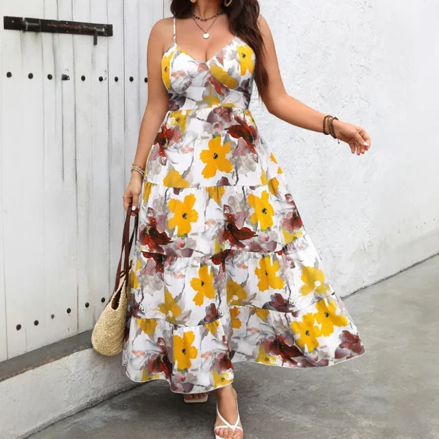 Plus Size Large Size Printed Maxi Dress Temu Women's Clothing Strap Long Gown Polyester Fiber Other Patterns No Decoration Or...