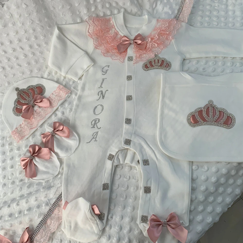Baby Girl Boy Princess Prince Hospital Exit Newborn Bling Outfits Baby Bottles Gift Set Shower Gift 5pcs Crown Romper kids clothes set baby girl clothing set
