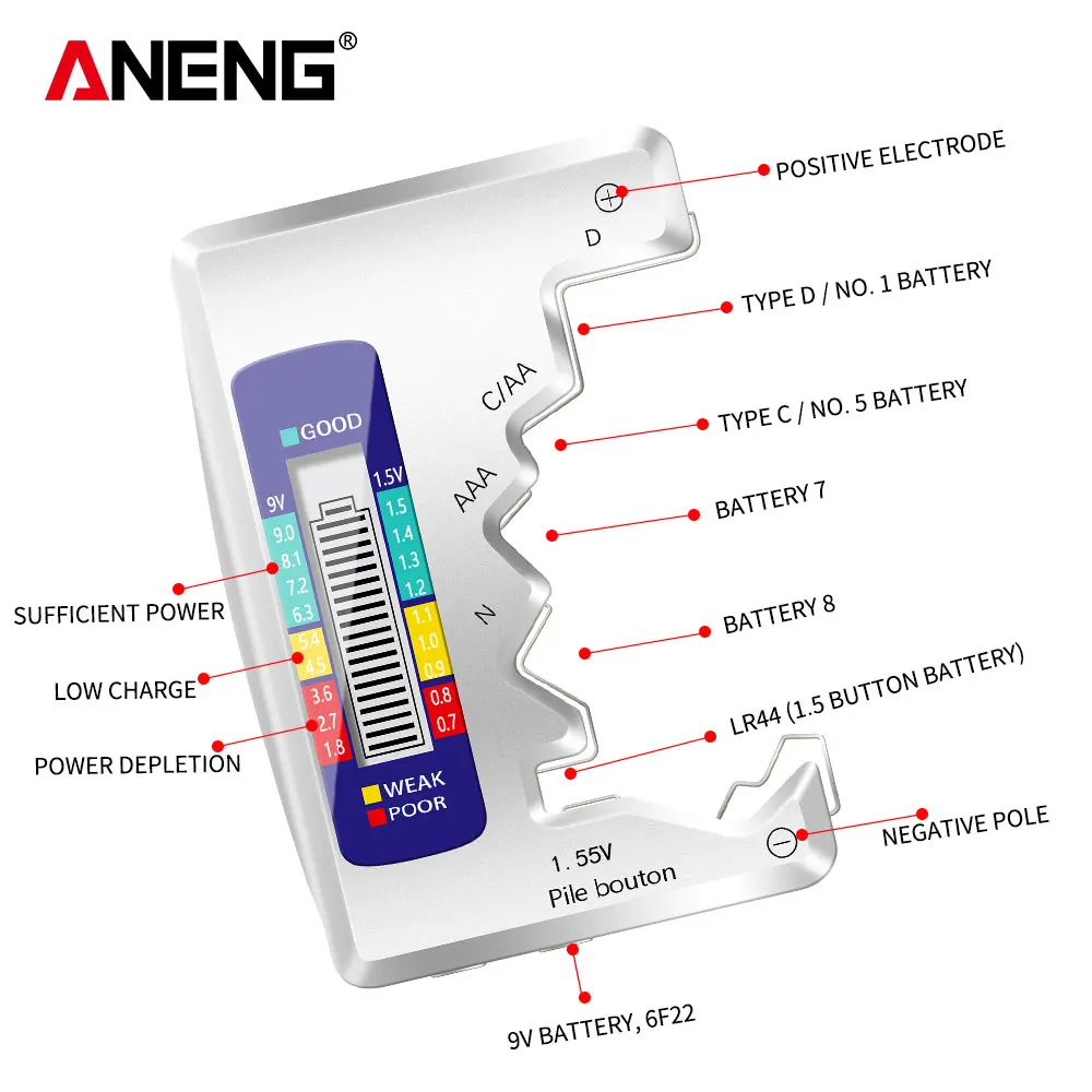 ANENG LCD Display C  AA AAA D N 9V 1.55V Universal Button Cell Battery Tester Volt Capacity Check Detector Capacitance Tool 3
