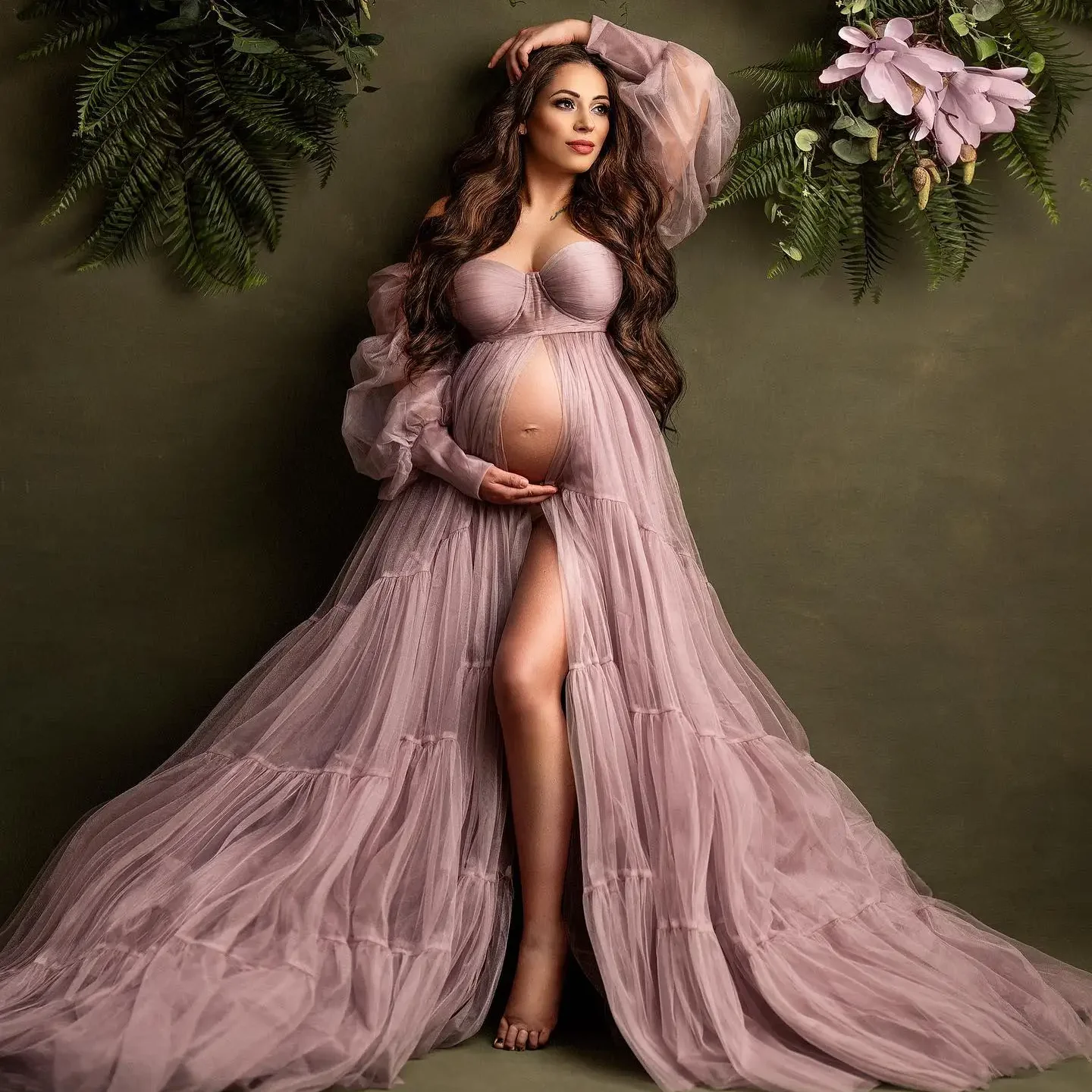 

Modern A line Maternity Dress Tulle With Sexy Sweetheart Off The Shoulder Front Slit Pregnancy Gowns For Photoshot Babyshower