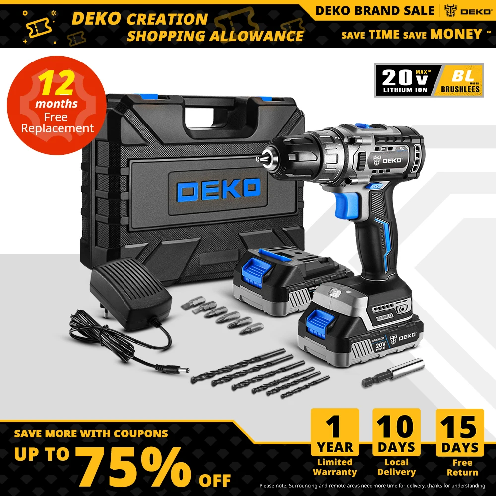 Deko 20V Brushless Cordless Drill Combo Kit Mini Cacciavite Elettrico 2 Velocità Utensili Elettrici Per La Lavorazione Del Legno