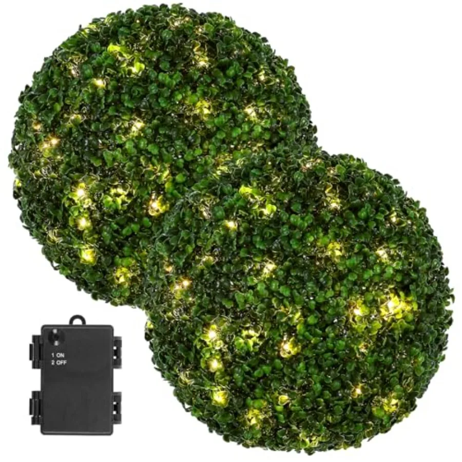 2 Pcs Lighted Topiary Ball Outdoor Pre-Lit Faux Boxwood Planter Filler Sphere Artificial Topiary Ball Decorative for Backyard B