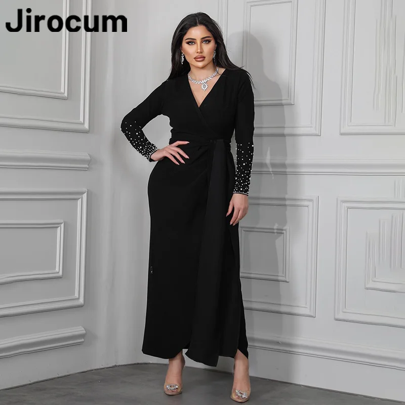 

Jirocum Elegant Black Mermaid Prom Dress Women's V Neck Pearl Party Evening Gown Ankle Length Saudi Arabia Formal Occasion Gowns