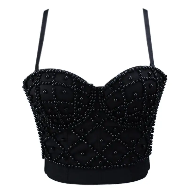 Women Sleeveless Crop Top Sexy Imitation Pearl Beaded Bustier Adjustable Spaghetti Straps Push Up Corset Club Bralette mesh bathing suit cover up