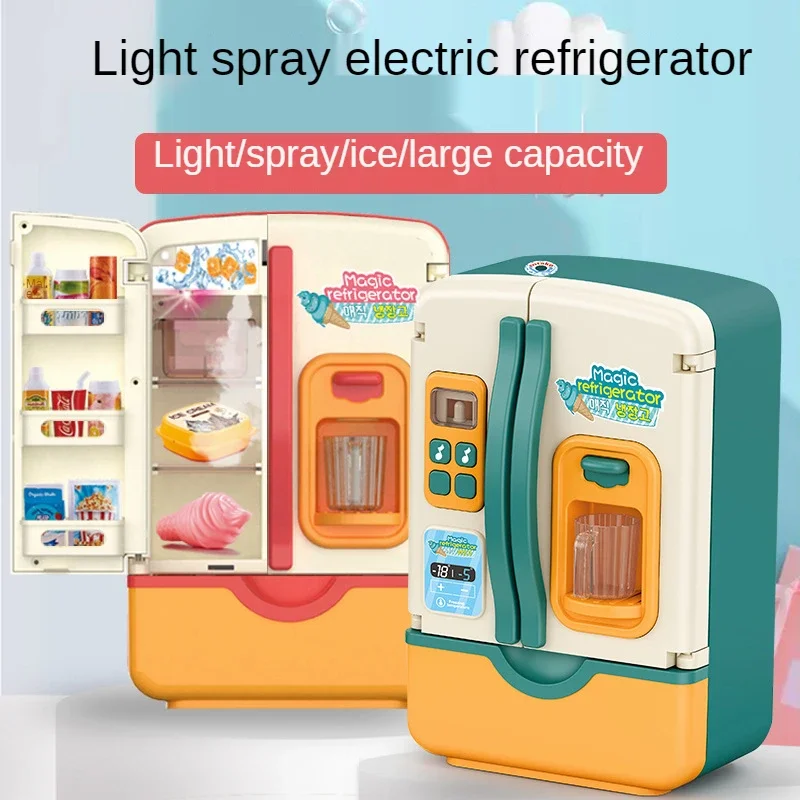 Children Play House Toy Simulation Electric Refrigerator Kitchen Pretend Play Game with Light Spray Toys for Girl Christmas Gift