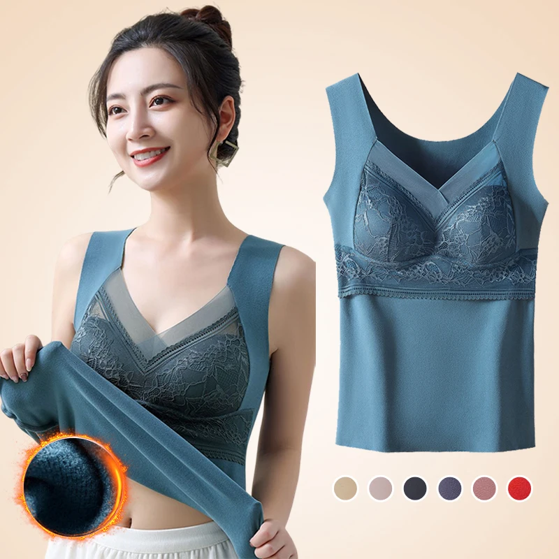 

Women Winter Velvet Padded Vest Thermal Underwear Camisole Warm Sling Vest Tops 2-in-1 Built-in Bra Undershirt Intimate