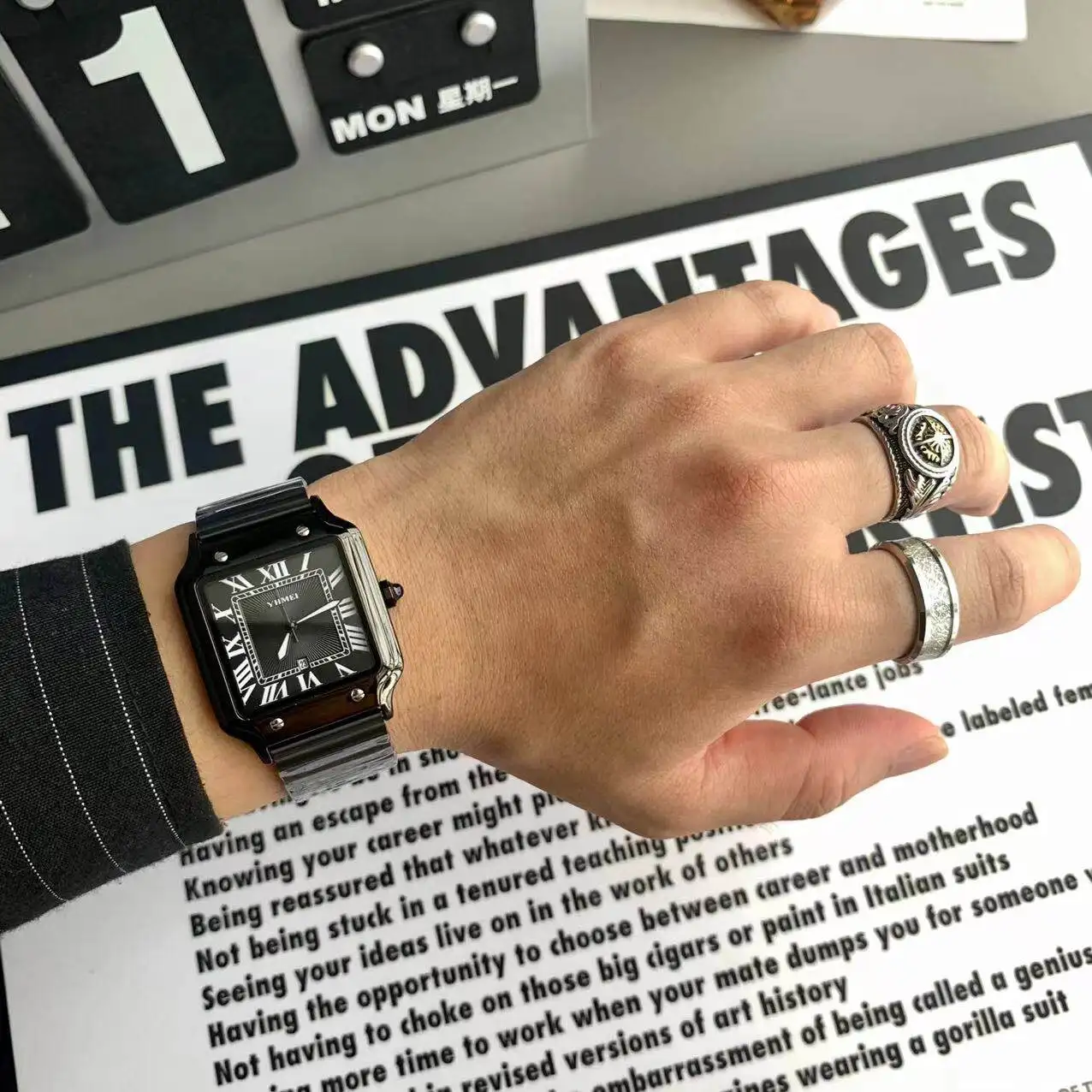 Luxury Watch for Men Square Rectangle Reloj Sliver Orologio Black Leather Strap Stainless Steel Quartz Wristwatch Male Man Clock