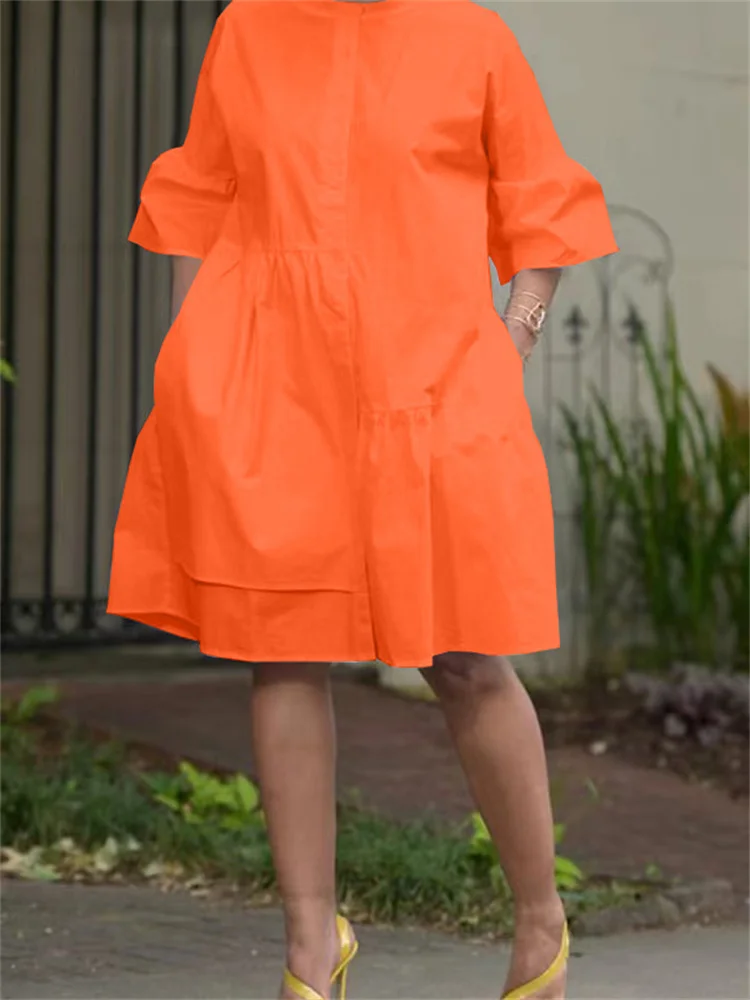 Wmstar Women Dress Solid Color Flare Sleeve Autumn Simple Shirt Casual Fashion O Neck Elegant Pocket Streetwear Female Dresses