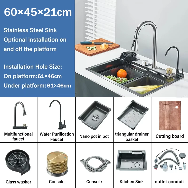 304 Stainless Steel Waterfall Kitchen Sink Sink Large Single basin With Large Single Slot Sink Above Counter With Cup Disher 6