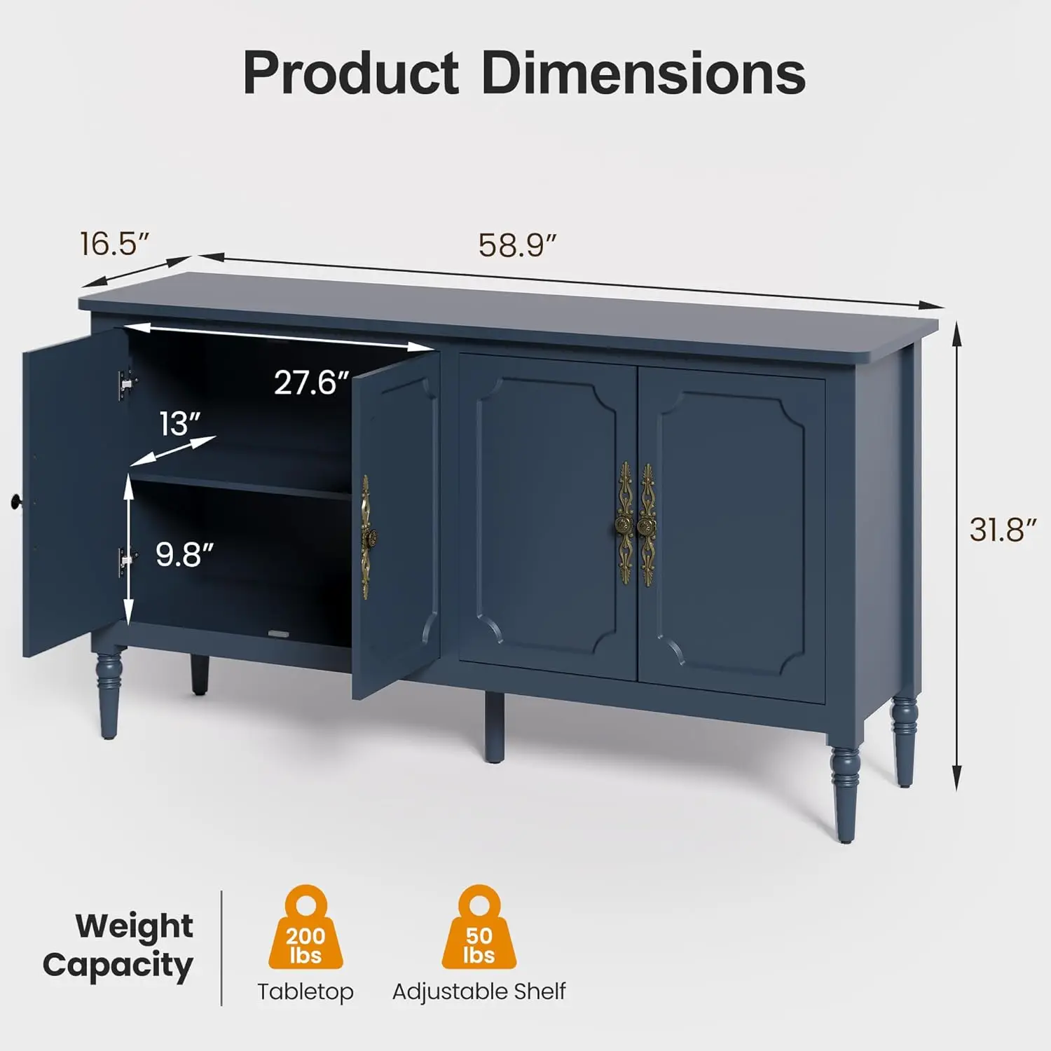 58'' Sideboard Buffet Cabinet with Storage, Modern Buffet Cabinet with Adjustable Shelves & Carved Handle, Mid Century Large Cre