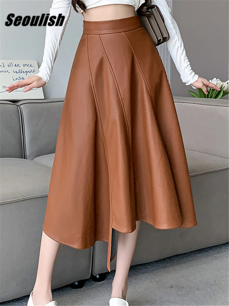 

Юбка Женская Асимметричная средней длины, из ПУ кожи, с высокой талией