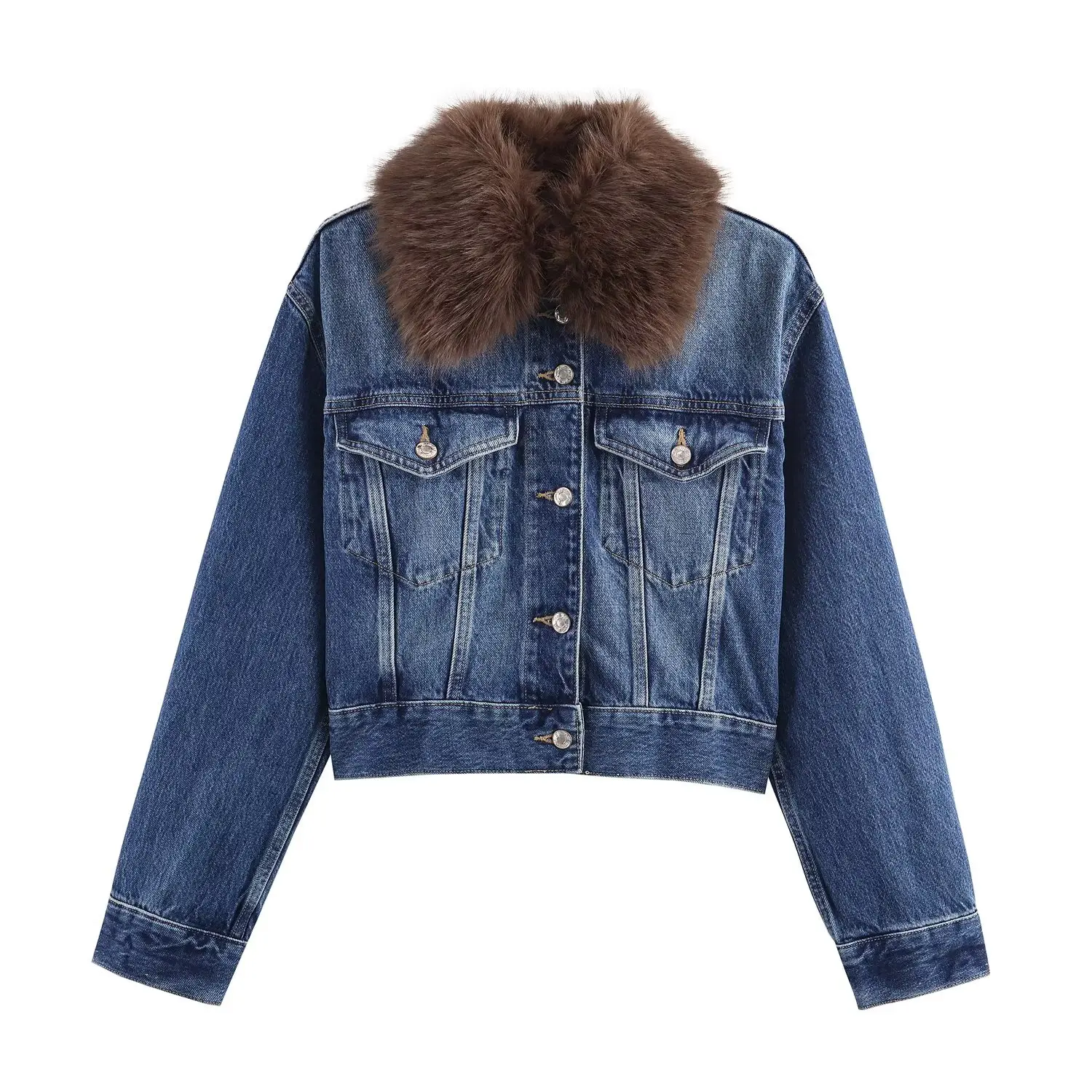 Women's Faux Fur Collar Denim Short Jacket Female Single Breasted High Waisted Long Sleeved Autumn Winter Warm Jacket Streetwear