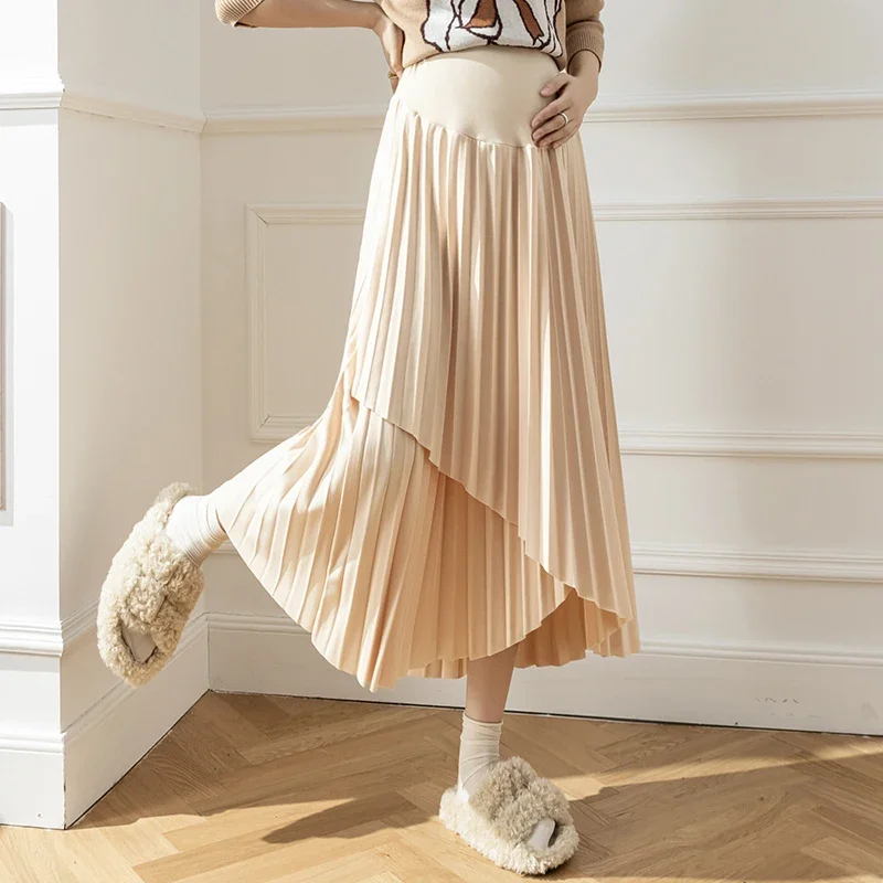 Autumn Winter Korean Fashion Irregular Pleated Maternity Skirts Elastic Waist Belly Loose Clothes for Pregnant Women Pregnancy
