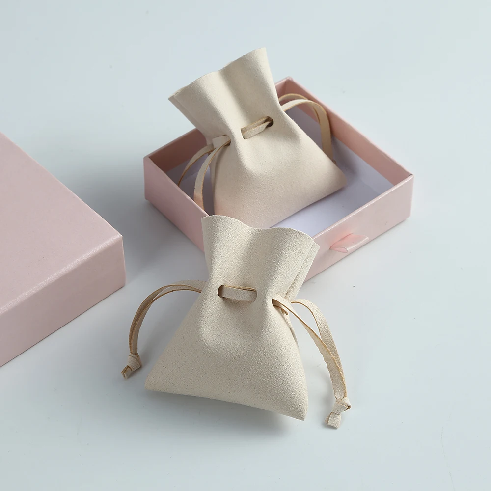 Microfiber Suede Drawstring Jewelry Packaging Gift Bags Beige Fungus Style Wedding Rings Necklace Earrings Storage Small Pouches