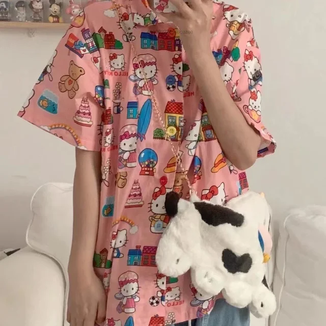 CUTE “HELLO KITTY”PASTEL PINK Y2K BOW SHIRT BY98777