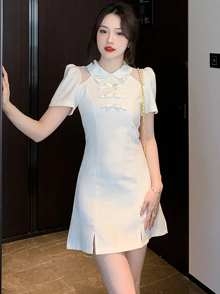 

Women Korean Vintage Hepburn Black Mini Dress Summer White Short Sleeve Bow Y2k Dress 2023 Fashion Chic Sheer Sexy Evening Dress
