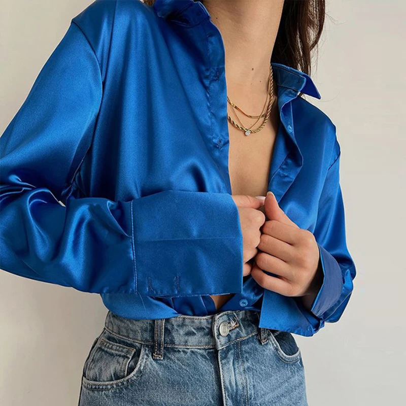 Elegant Satin Shirts Women Fashion Tops 2025 Spring Solid Long Sleeve Blouses Vintage Purple Casual Loose Buttons Clothes 18913
